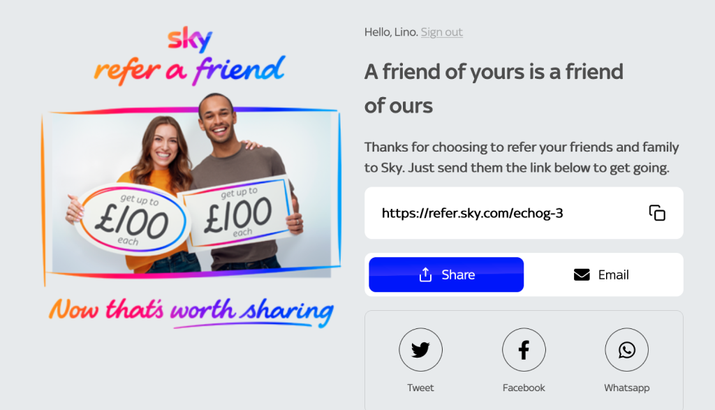 Example of a referral link in the Sky Referral Program
