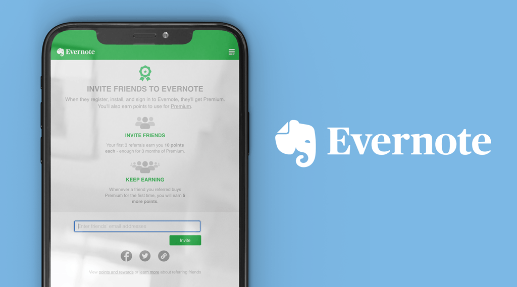 A smartphone with the Evernote referral program featured on it