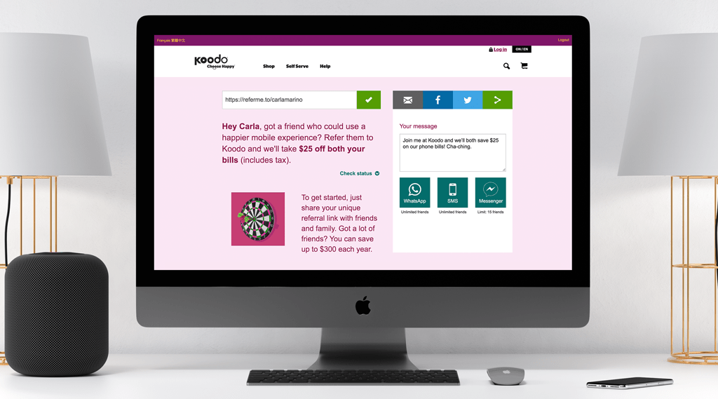 A desktop screen featuring the dashboard of Koodo's referral program